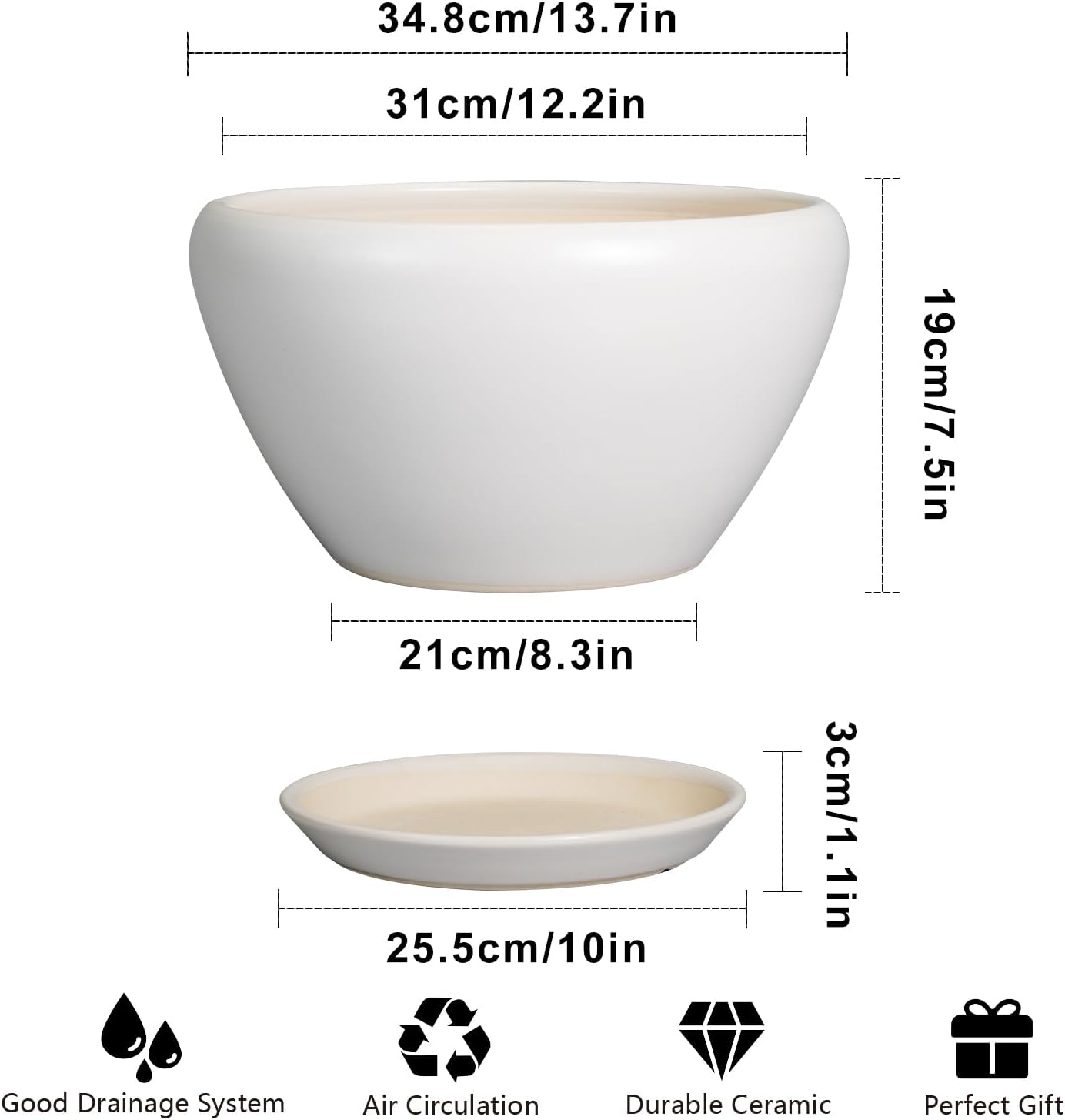 Planter for Indoor Plants 13 Inch - Ceramic Plant Pot with Drainage Hole and Saucer Decorative Round Large Planter Pot for Plants Outdoor Flower Pot for Room Decor White