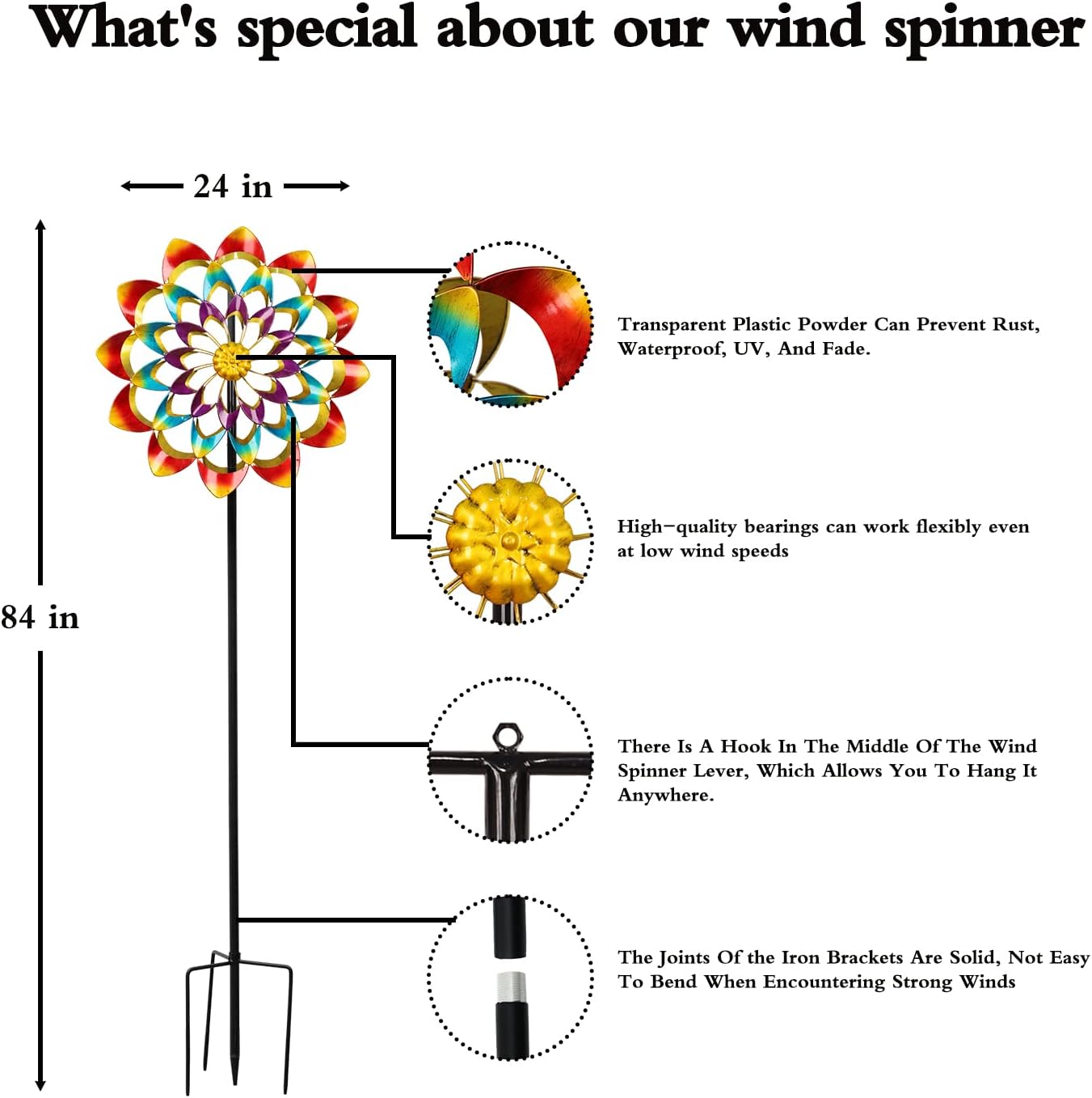 Wind Spinners Outdoor for Yard and Garden Large, Metal Wind Spinners & Wind Sculptures 84 inch, Birthday Gift for Women Family Garden Decor(Colorful)