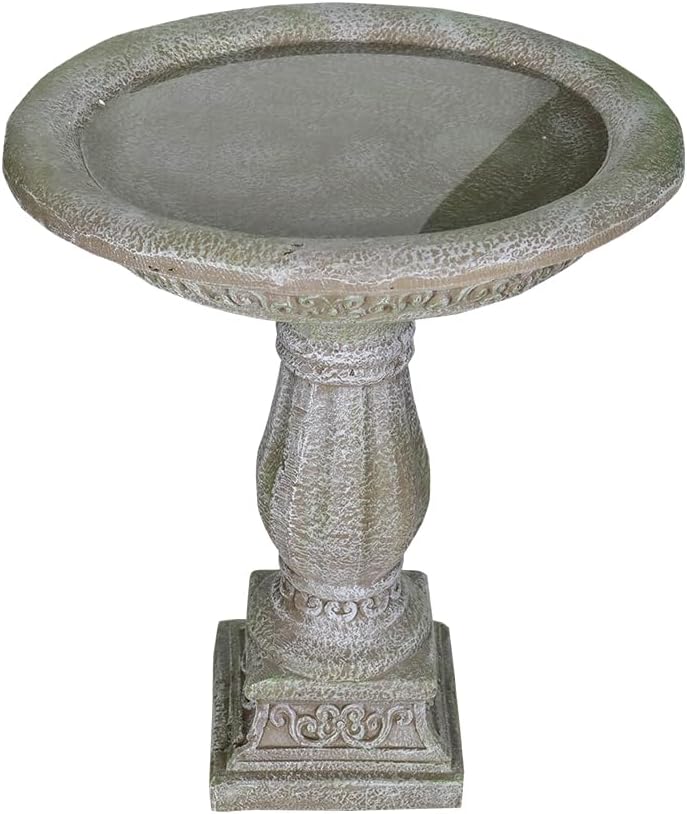 SunJet 23.8 Inch High Concrete Bird Bath with Carved Pedestal – Birdbath Sturdy & Elegant Design, Stone-Like Texture, Attracts Birds and Enhances Garden, Patio, Yard, Lawn Decor