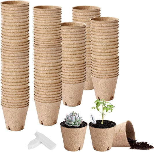 130 Pcs 3.15 Inch Organic Peat Pots with Drainage Holes - Biodegradable Seed Starter Pots for Seedlings, Plants & Garden Germination - Includes 130 Planting Labels