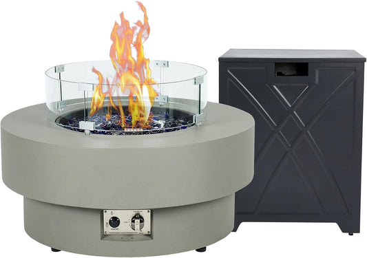 32.5-inch Outdoor Gas Fire Pit with 20lb Propane Tank Cover Table & Wind Glass Shield,50,000BTU Propane Gas Fire Pits for Outside Patio w/Round Burner Lid, Glass Rocks