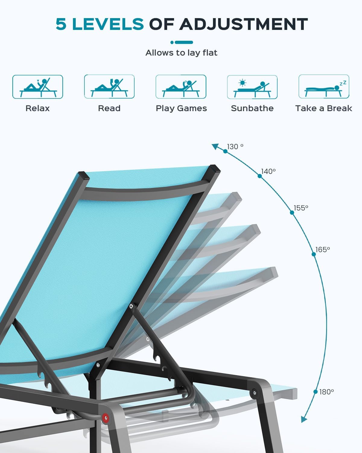 Patio Chaise Lounge Chair Set of 2, Foldable Lounge Chairs for Outside, Aluminum Chairs with 5 Adjustable Backrest, Outdoor Pool Lounger for Lawn, Poolside, Deck, Lake Blue