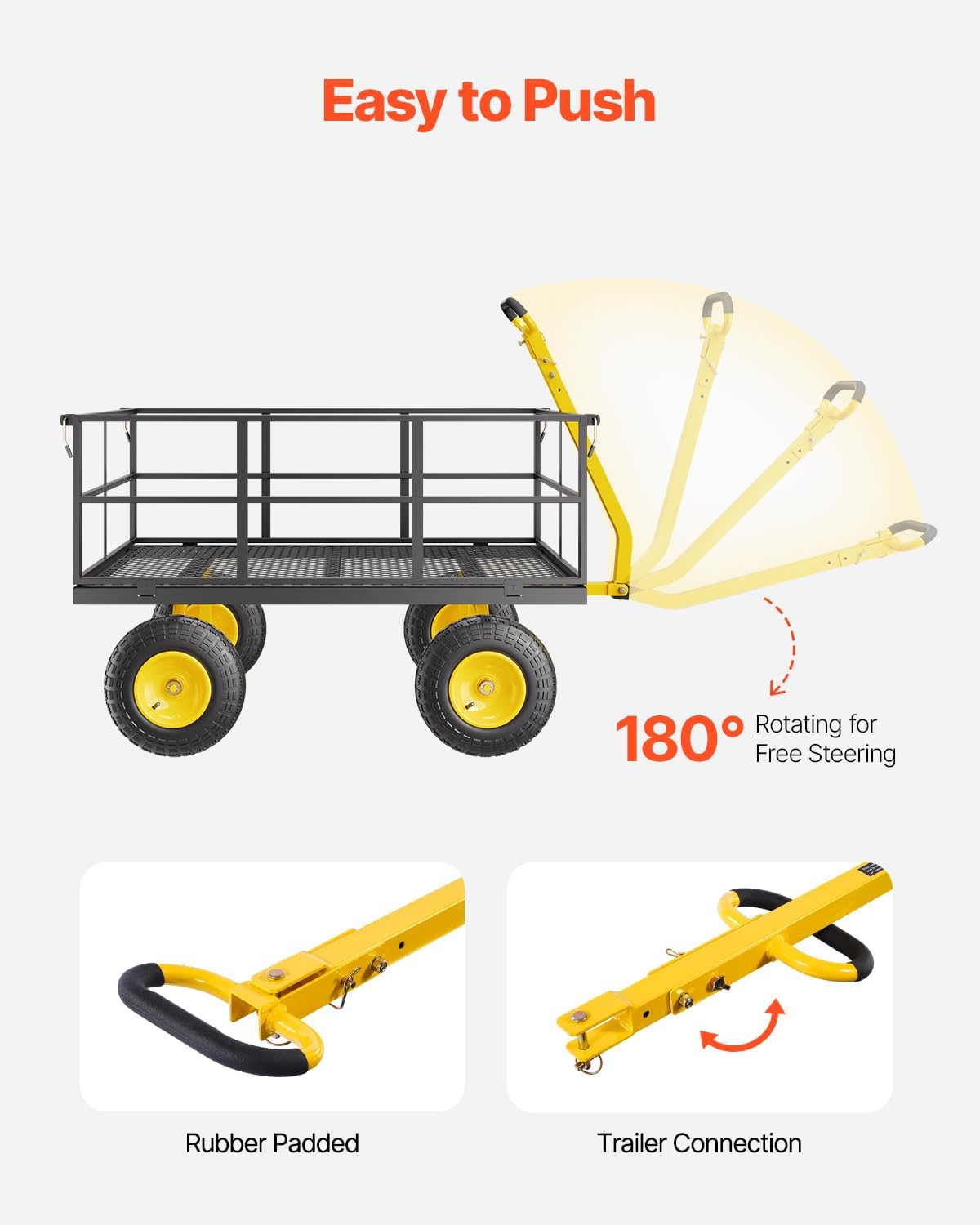 VEVOR 1400 Lbs Steel Garden Cart, Heavy Duty Pullable Garden Wagon Yard Cart, 2 in 1 Outdoor Metal Utility Wagon Yard Trailer with 13" All Terrain Tires, Mesh Removable Sides and 180°Rotating Handle