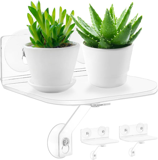 2-Pack Acrylic Window Plant Shelves with Suction Cups & Support Brackets - Rectangle Window Sill Extender for Herb Pots, Succulents, Flower Boxes, Micro Greens | Indoor/Outdoor Use