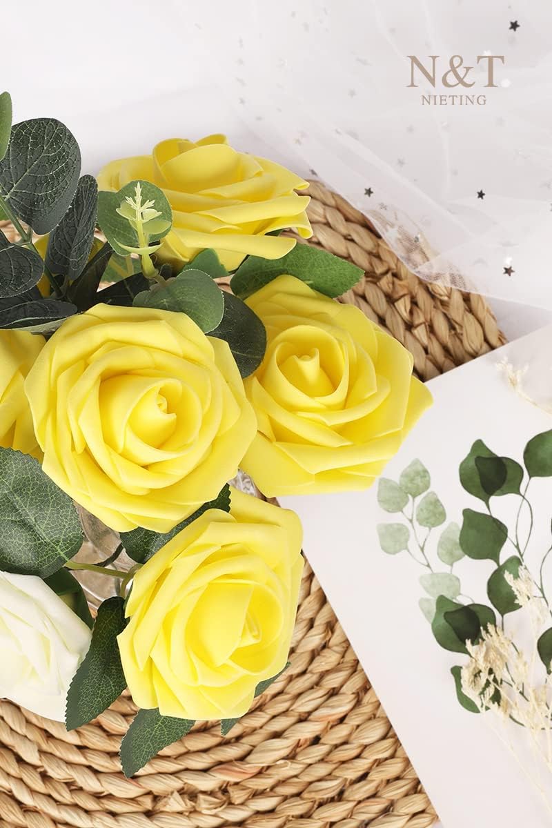 N&T NIETING Artificial Flowers Yellow Roses, 50 Pcs Fake Flowers Foam Roses Perfect for DIY Wedding Bouquets Centerpieces Bridal Baby Shower Party Home Flower Arrangement Spring Decorations