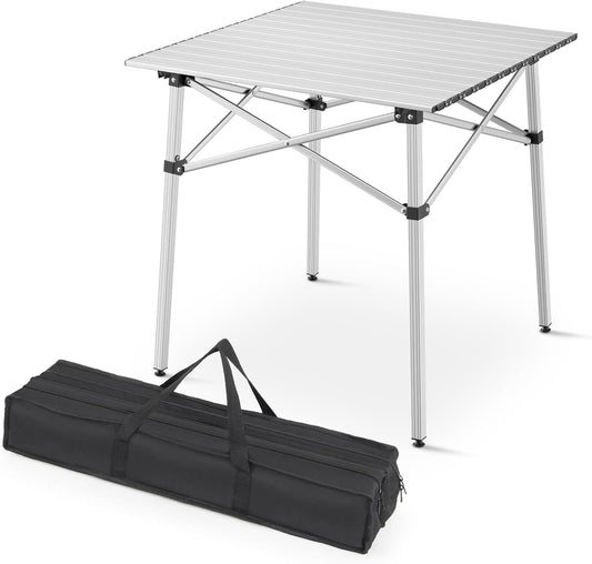 Athena Collection Foldable Camping Table, 28" Small Aluminum Outdoor Folding Camp Table with Roll Up Tabletop and Carry Bag, Lightweight and Portable for Outdoor Camping Picnic Grilling, Silver