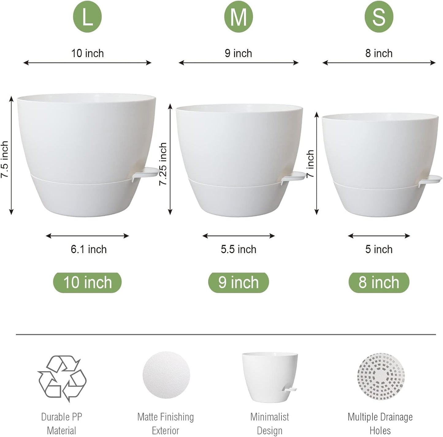 10/9/8 inch Self Watering Pots, Set of 3 Plastic Planters with Mesh Drainage Holes and Deep Reservoir for Indoor Outdoor Garden Plants and Flowers, White