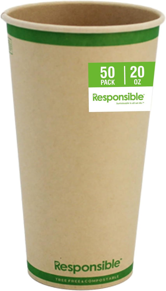 Certified Compostable 20 oz Paper Cups, Cold ＆ Hot Coffee Cups, Disposable Paper Cups, Extra Strength Disposable Cups, Made without PFAS (50 count)