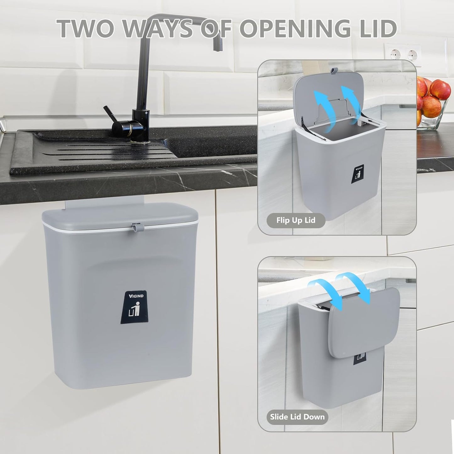 9L/2.4 Gallon Hanging Trash Can for Kitchen Cabinet Door with Lid, Small Under Sink Garbage Can,Trash Bin for Bathroom,Wall Mounted Counter Waste Kitchen Compost Bin,Plastic (Gray)