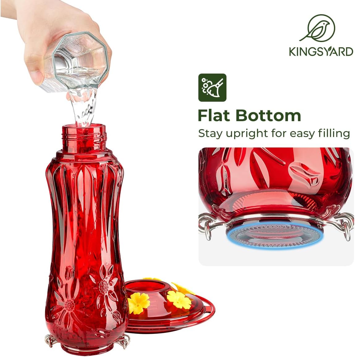Kingsyard Glass Hummingbird Feeders for Outdoors Hanging, Hummingbird Nectar Feeder with Ant Moat & 6 Bee Guard Feeding Ports, 25 Ounces Leak Proof (Red)