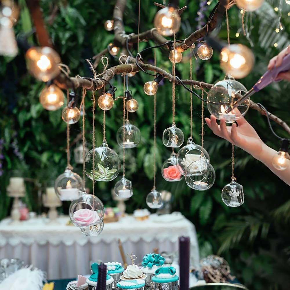 Sziqiqi Hanging Glass Globes Orbs Tea Light Candle Holders with Flameless LED Tealight for Wedding Ornaments Wedding Birthday Christmas Party Centerpiece Accessory 3.15in 100pcs