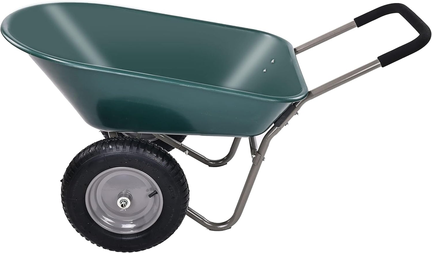 Wheelbarrow Garden Cart, Heavy Duty Home Utility, Dual-Wheel Home Garden Yard Utility Wheelbarrow Cart with Built-in Stand, Green