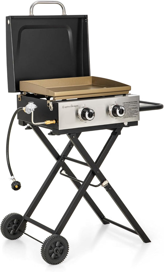 Captiva Designs 17 Inch 2 Burner Portable Propane Gas Griddle Grill with Lid, Outdoor Foldable Flat Top Grill with Stand for Barbecue, Camping and Tailgating