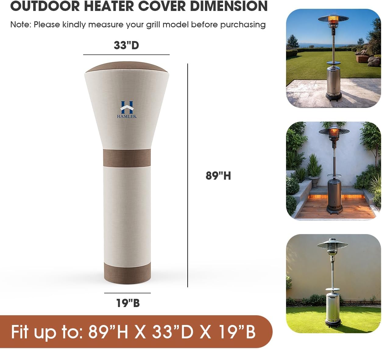 HAMLER Patio Heater Covers, Outdoor Heater Covers Waterproof with Zipper, Outdoor Patio Heater Cover Fits up to 89"H x 33"W x 19"W, Heavy Duty Heater Covers for Standing Heater, Brown & Beige