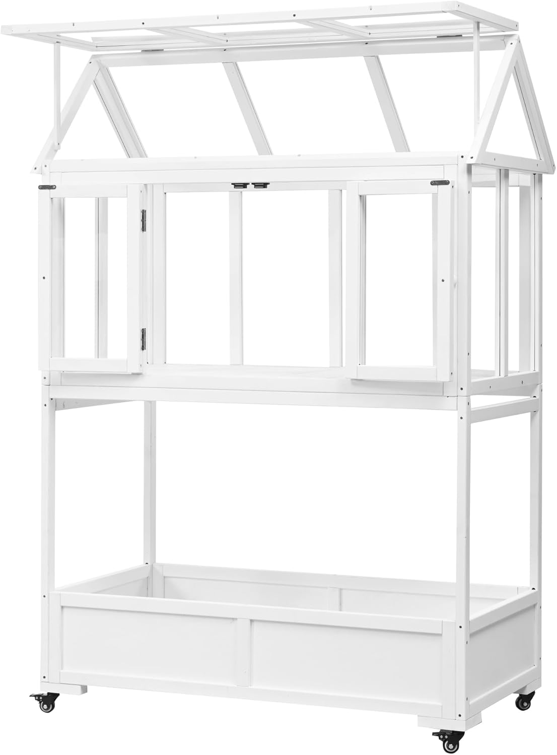 Merax 69.3" H Wood Garden Greenhouse, Balcony Portable Mini Cold Frame with Wheels, Movable Storage Box and Openable Roof, Flower Plants Shelf for Balcony Outdoor Indoor Backyard, White