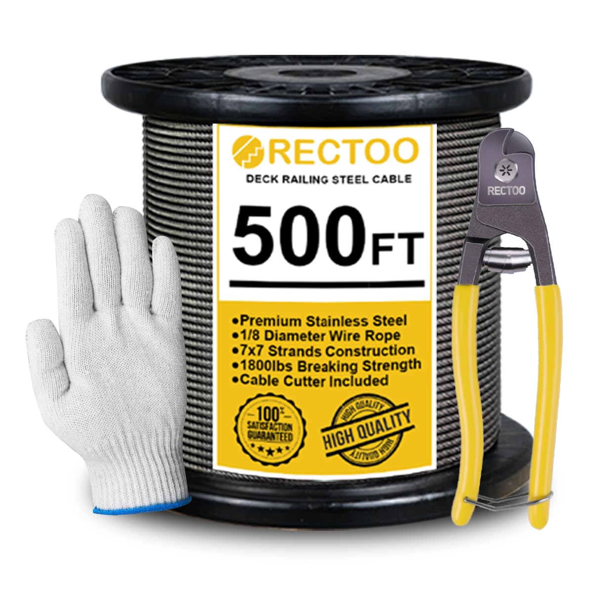 Black 500FT 1/8" T316 Stainless Steel Cable with Cutter, 7x7 Strands Aircraft Wire Rope for Deck Railing, Stair Handrail, Porch Fence, High Strength for Indoor and Outdoor Use