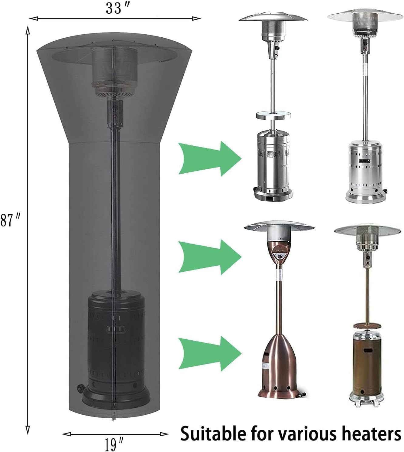 SIRUITON Patio Heater Covers with Zipper and Air Vent,Waterproof Outdoor Heater Cover, Dustproof,Wind-Resistant,UV-Resistant,Snow-Resistant,（89" Height x 33" Dome x 19"Base, 420D Black）