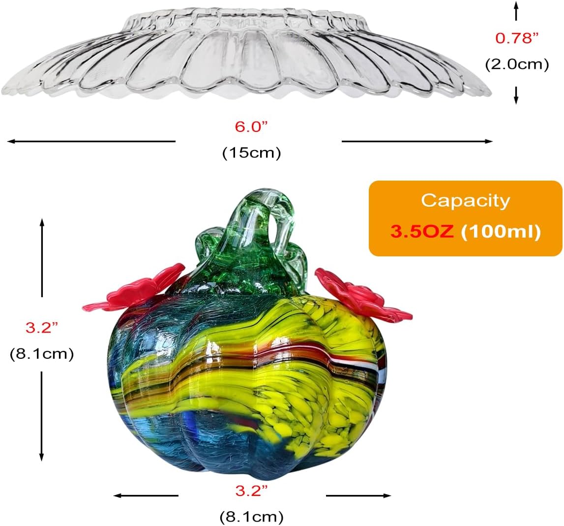 Small Glass Hummingbird Feeders for Outdoors Hanging - 4PC X Mixed Color Hand Blown Glass Pumpkin Nectar Feeding + Rain Cover, 2 Flowers Feeding Ports, Decor for Garden/Backyard Outside