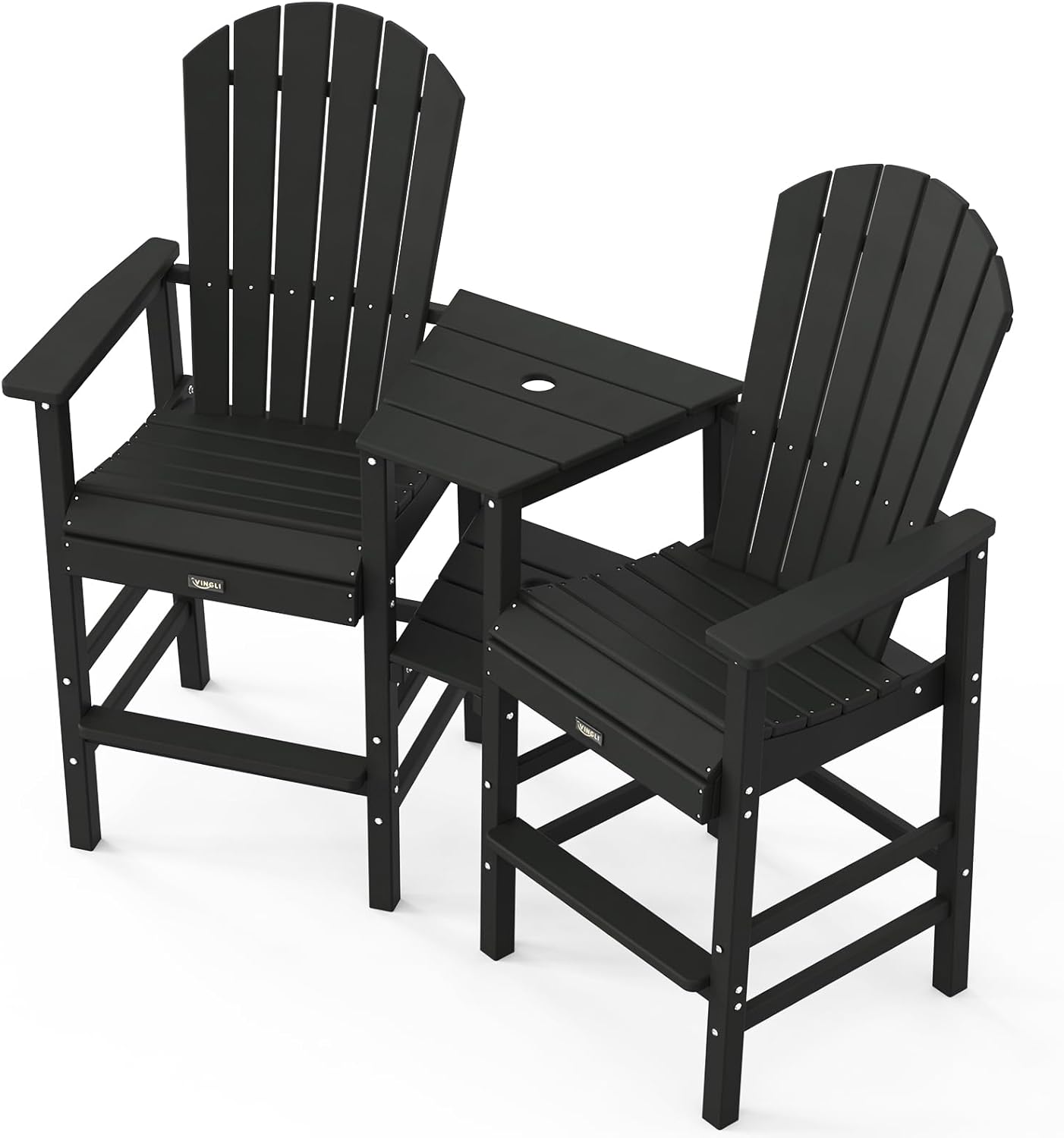 VINGLI Tall Adirondack Chairs Set of 2, HDPE Balcony Chair with Double Connecting Tray Weather Resistant Outdoor Bar Stools for Patio Deck Lawn Pool Backyard (Black)