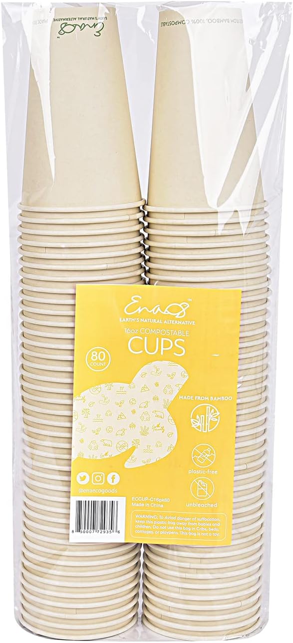 100% Compostable Disposable Coffee Cups [16oz 80 Pack] Paper Cups Made from Bamboo, Eco-Friendly, Biodegradable Premium Party Cups, Natural Unbleached by Earth's Natural Alternative