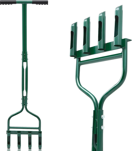 Lasnten Lawn Aerator Tool 42 Inch Manual Core Plug Aerator with 4 Slope Top Half Open Slot Hollow Tines Heavy Duty Plug Core Aerator for Soils Yard Garden, Green