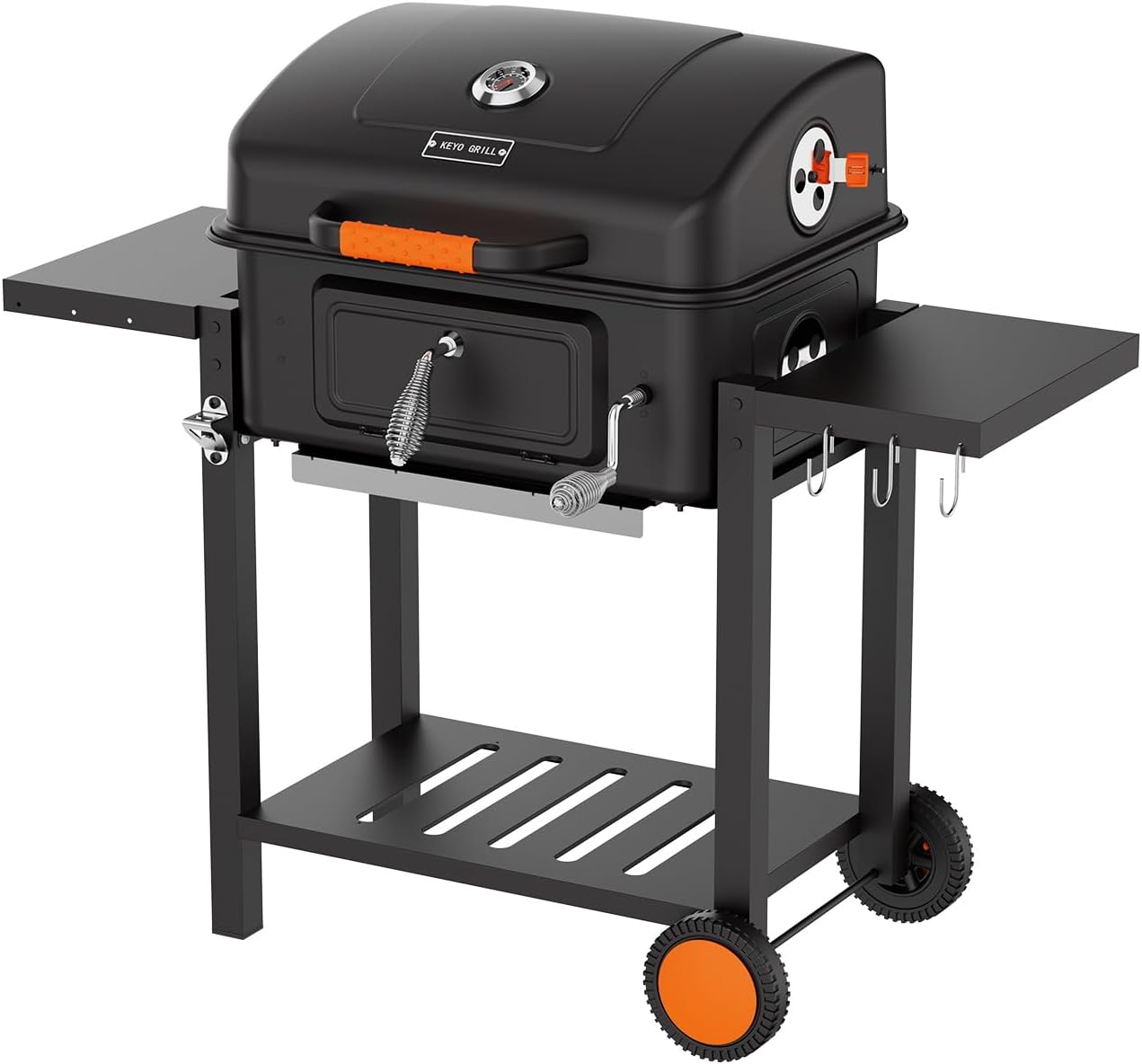 KEYO GRILL 24-Inch Movable Charcoal Grill, Dual Venting System Large BBQ Grills with Height Adjustable Charcoal Pan, Foldable Side Tables Outdoor Barbecue Grill for Backyard and Camping Grilling ﻿
