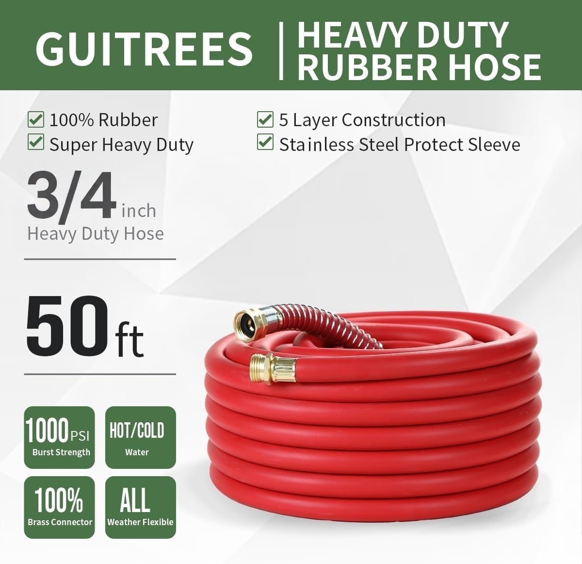 50FT 3/4 Heavy Duty Rubber Garden Hose - 200psi Working, 1000psi Burst - Hot/Cold Water - Five-Layered Braiding for Durability - Versatile for Gardening, Agriculture, Construction(Red)