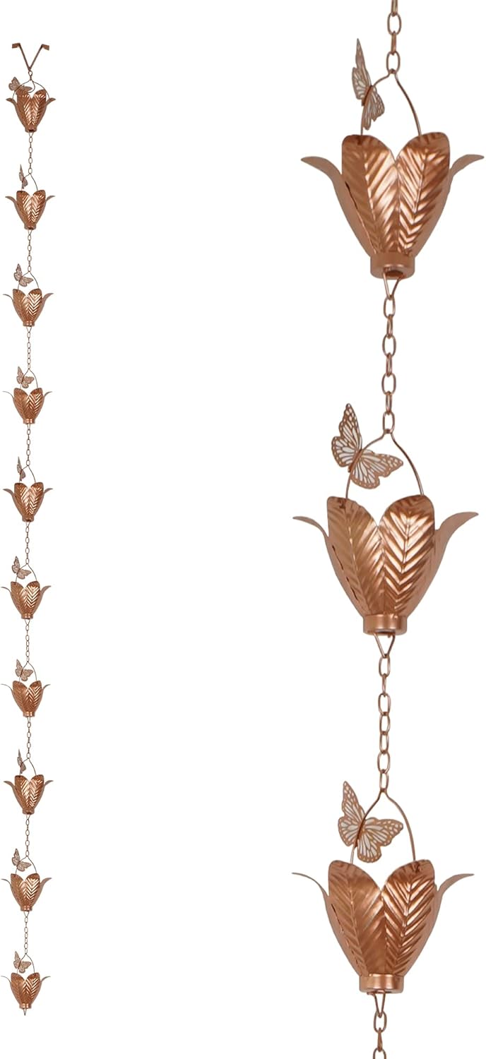 Topadorn 8.7 FT Rain Chain Iron Butterfly Gutter Chains with 10 Rain Collector Thick Iron Flower Cups Garden Decoration