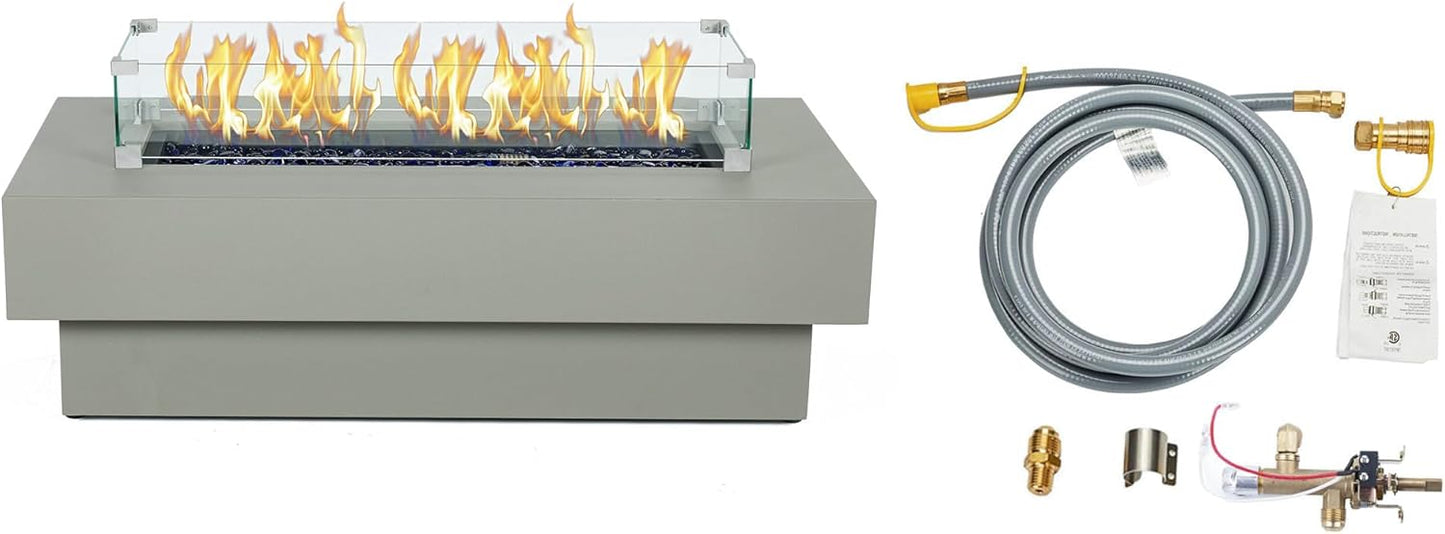 48-inch Fire Table with Natural Gas Conversion Kit & Wind Glass Shield, 50,000BTU Outdoor Modern Patio Fire Pit Table w/Rectangular Burner Lid, Glass Rocks, Cover