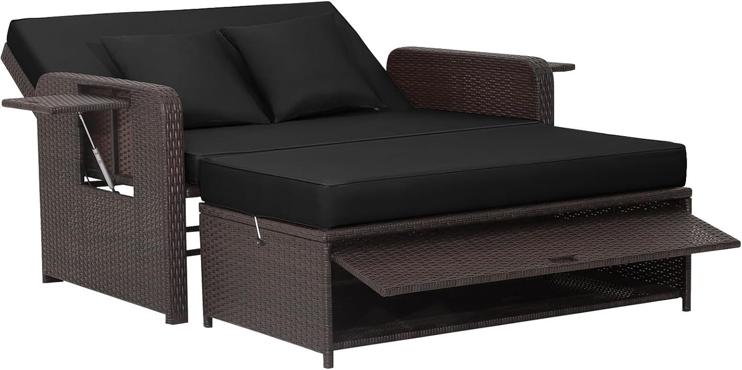 Tangkula Patio Rattan Daybed Set, Wicker Loveseat Sofa w/Multipurpose Ottoman & Retractable Side Tray, 4-Level Adjustable Backrest, Footstool w/Storage, Seat & Back Cushion Included (Black)