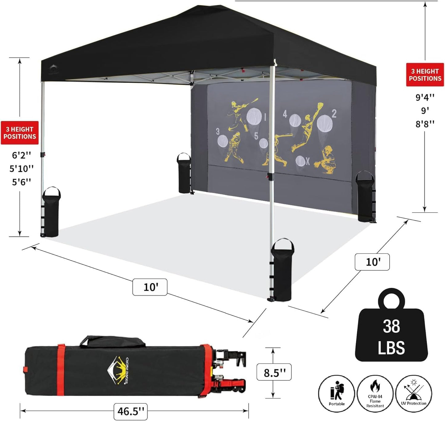 CROWN SHADES 10x10 Pop Up Canopy Tent with Game Netting - Beach Tent with One Push Setup - Outdoor Sun Shade for Events, Parties, Camping with STO-N-Go Cover Bag, Silver Coated Top, Black