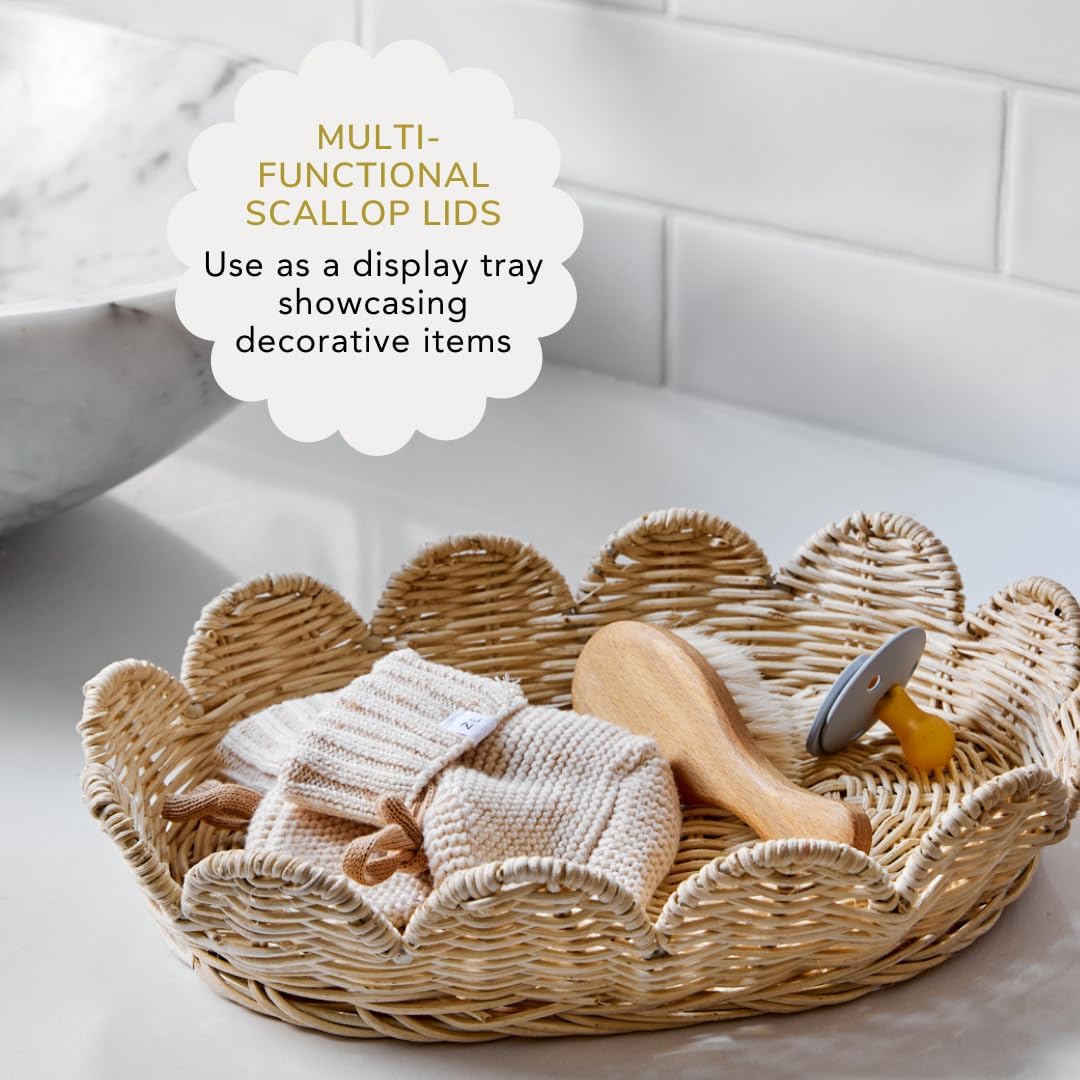 BEBE BASK The Original Scalloped Basket Set Of 2 – Small Scallop Basket - 15 x 10 x 6 In - Hand-Woven & Award-Winning - Elegant Wicker With Scalloped Edge Lid - Nursery Storage - (Natural)