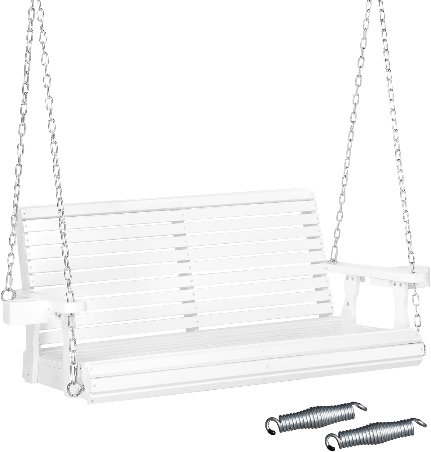 VINGLI XL Size Patio Wooden Porch Swing Outdoor with Cup Holders, Heavy Duty 880 LBS Hanging Swing Chair Bench with Hanging Chains for Yard, Lawn, Garden (4 FT Pro, White)