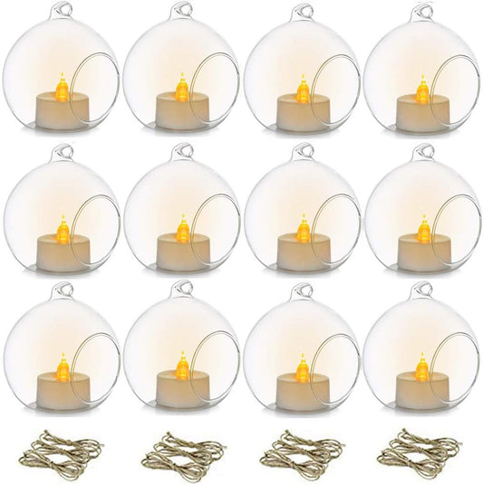 12 Pcs 3.15"/ 8cm Hanging Glass Tealight Holder Globe with LED Tealight, Plant Terrariums Glass Orbs Air Plants Tea Light Candle Holders Home Decor Indoor Outdoor Garden DIY Gifts (12 Pcs)