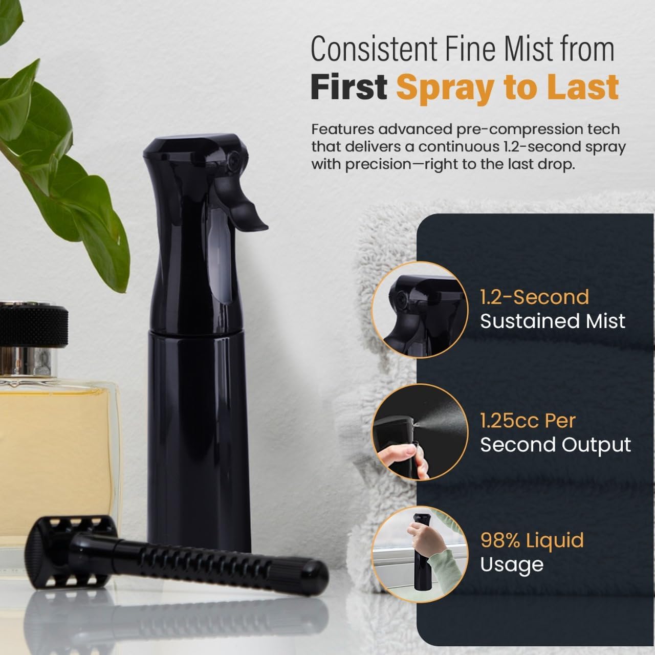 VIGOR PATH Continuous Spray Bottle with Ultra Fine Mist - Versatile Water Sprayer for Hair, Home Cleaning, Salons, Plants, Aromatherapy, and More - Empty Hair Spray Bottle - 300ml/10.1oz (Black)