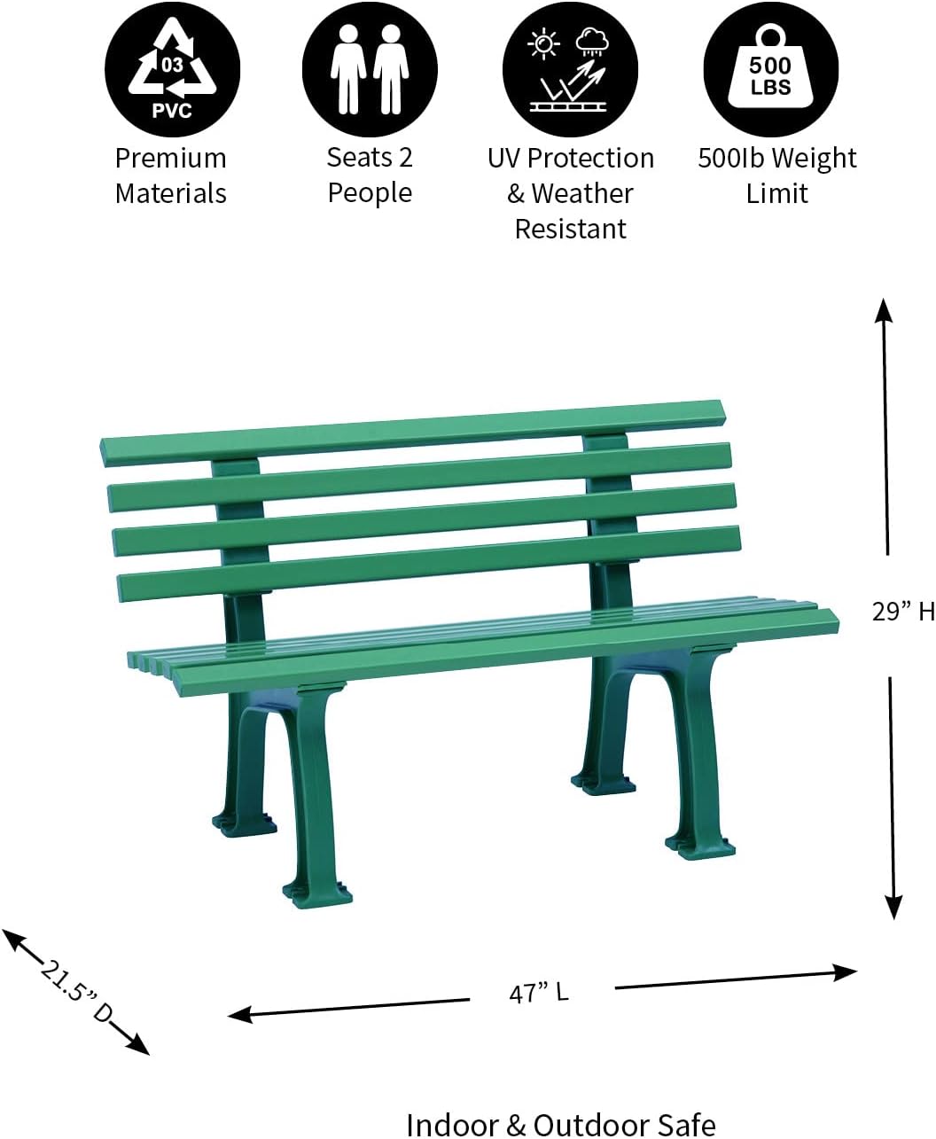 Plow & Hearth Weatherproof German PVC Outdoor Bench | Holds Up to 500 lbs | Garden Patio Porch Park Deck | Steel and Resin | Green