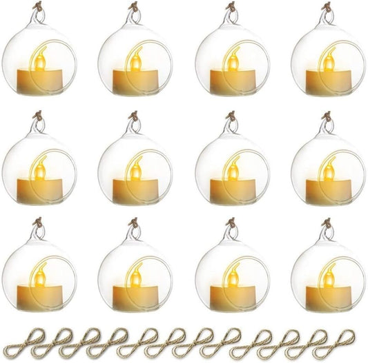 Sziqiqi Hanging Glass Globes Orbs Tea Light Candle Holders with Flameless LED Tealight for Wedding Ornaments, Wedding Birthday Christmas Party Centerpiece Accessory 2.36inch 10pcs +2 Extra