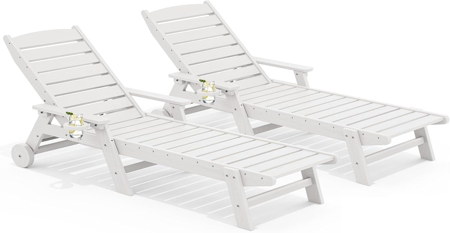 SERWALL Patio Chaise Lounge Chair Set of 2, 78'' Long 5-Positions Adjustable HDPE Outdoor Lounge Chair for Pool, Poly Lounge Chair with Rolling Wheels & Cup Holder for Poolside, Deck, White