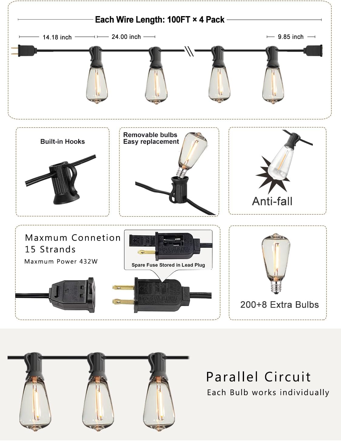 DAMAING Outdoor String Lights Weatherproof 400FT shatterproof connectable Patio Lights for Outside 4 Pack x 100FT with 208 Vintage dimmable LED Edison Bulbs,Hanging Lights for Garden,Balcony