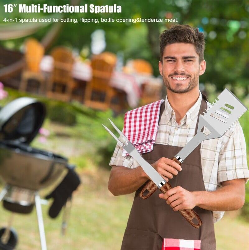 31pcs BBQ Grill Accessories Set for Men Dad, Heavy Duty Grilling Tools Gifts for Fathers Day, Stainless Steel BBQ Utensils Kit with Mats, Grill Brush in Carrying Bag Brown