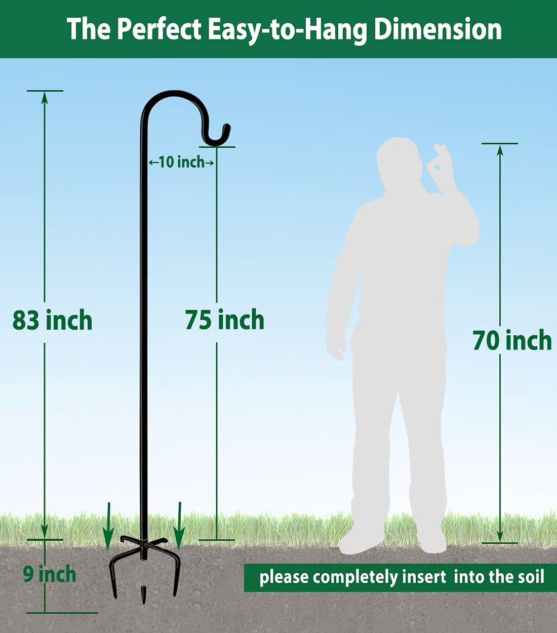 Artibear Adjustable Outdoor Shepherd Hook Stand with 5 Prong Base, 92 Inches Tall 3/5 in Thick, Shiny Black (1 Packs)