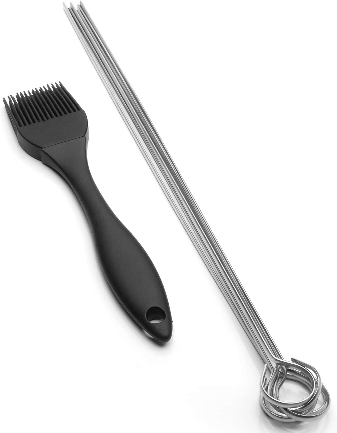 THORIUM BBQ Skewers |Shish Kebab Rotisserie Skewers for Grilling | Sharp Flat S kewers with Ring Handle for Easy Turning | Durable Stainless Steel | 12 Pieces, 35cm Long | Includes Basting Brush