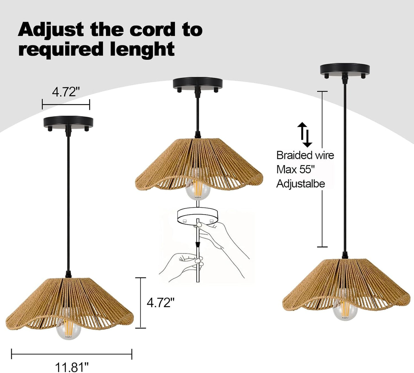 TERLEENART Hard Wired Rattan Pendant Lights Set of 2,Kitchen Island Pendant Lights with 12” Flower Shade,Boho Handwoven Paper Rope Rattan Ceiling Light for Living Room Dining Room Restaurant Foryer