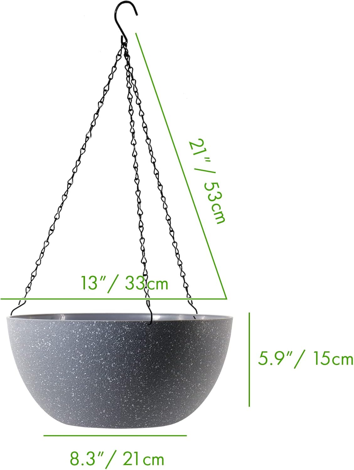 WOUSIWER 13 inch 2 Pack Large Hanging Planters for Indoor Outdoor Plants with Drainage Holes and Chain, Round Hanging Flower Pots for Garden Home Porch Decor, Grey Speckles