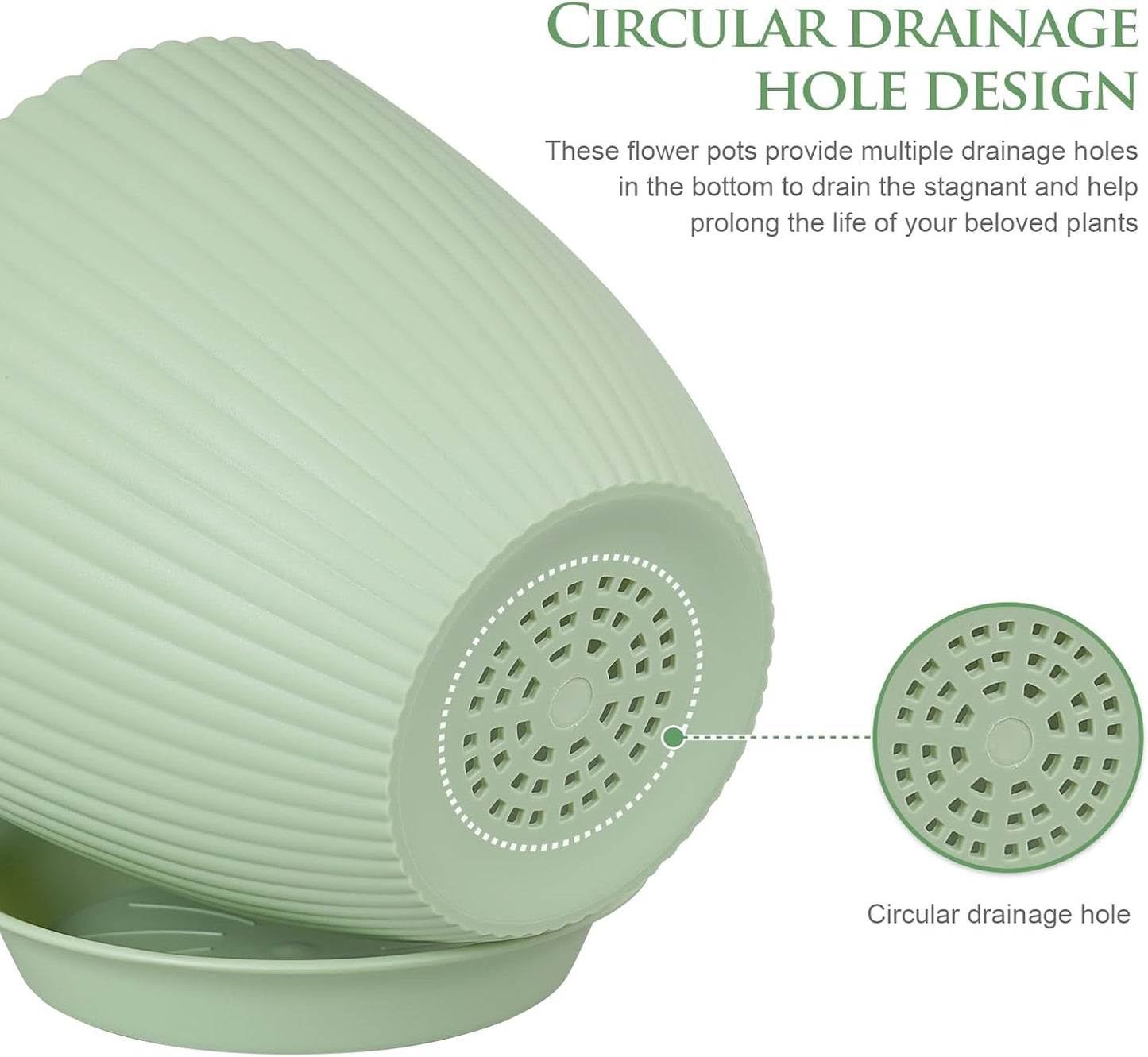 7/6.2/5.5/5/4.5/4 inch Plant Pots, 6 Pack Flower Pots for Small Indoor Outdoor Plants, Plastic Planters with Drainage Holes and Saucers for Garden Succulent House Plants, Green