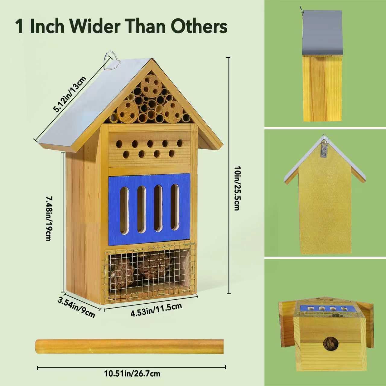 Wooden Butterfly House & Bee House for The Garden, Durable Bug Hotel W/Wooden Stake and Iron Roof, Insect Habitat On The Ground Or Hanging On The Tree, for Butterfly, Bee, Ladybug, Bug