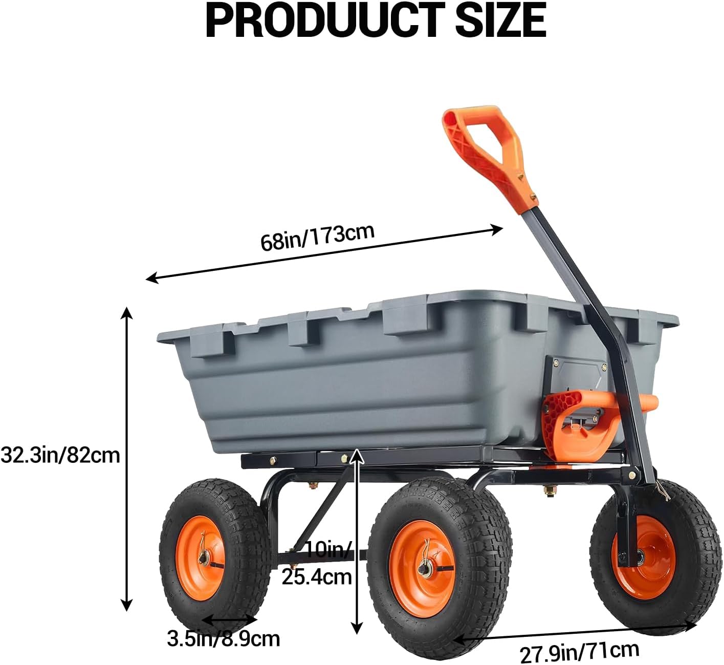800 lbs Poly Garden Dump Cart, Heavy-Duty Wheelbarrow with 10-Inch Tires, 180° Rotating Handle, Steel Frame and Quick Release System Garden Dump Cart for Soil Plants Gardening Tools Wood
