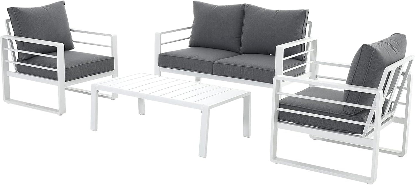 Patiorama Aluminum Patio Furniture Set, 4 PCS Modern Patio Conversation Set, All Weather White Outdoor Sectional Sofa Set w/Coffee Table, Loveseat, Superior Olefin Cushion, Garden-Grey Cushion