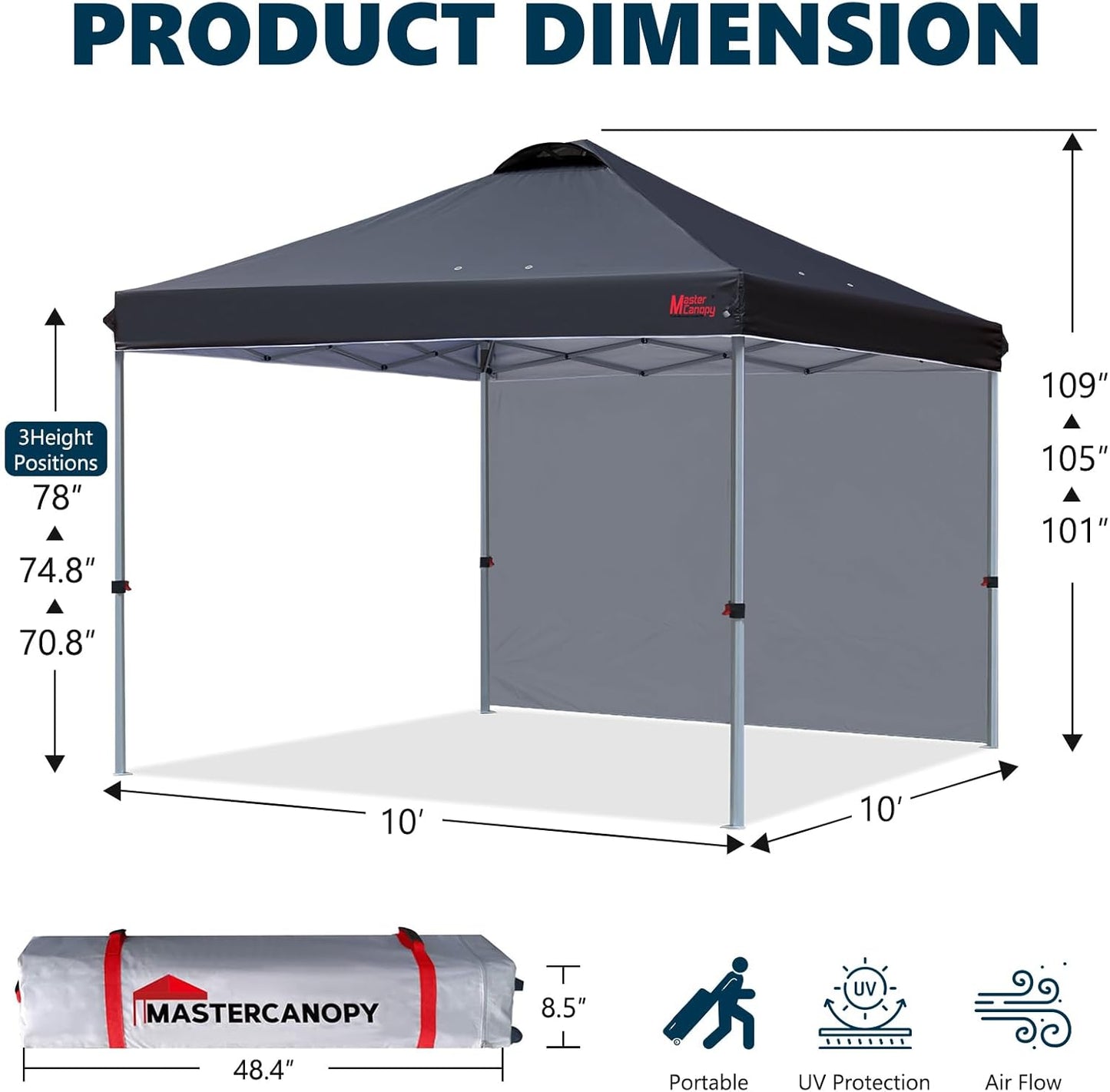 MASTERCANOPY Durable Pop-up Canopy Tent with 1 Sidewall (10'x10',Black)