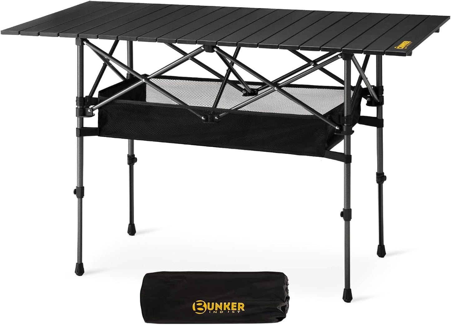 BUNKER INDUST Folding Camping Table, Outdoor Portable Roll-Top Aluminum Table with Carry Bag for Picnic,Beach,BBQ,Backyards, Adjustable Height